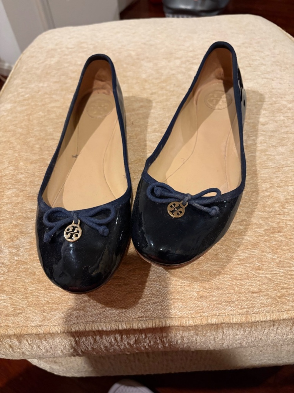 Tory Burch Navy Patent Leather Bow Ballet Flats with Gold Logo